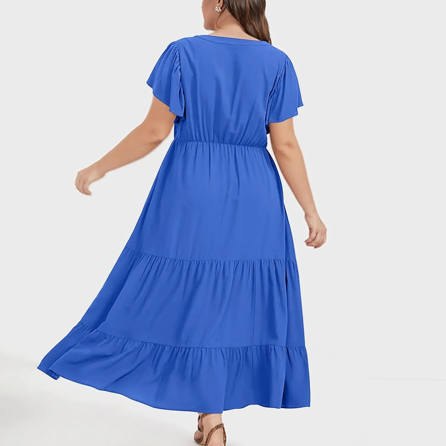 Plus Size Summer Dress for Women, Ruffle Short Sleeve V Neck Swing Dress Flowy Boho Casual A-Line Tiered Midi Dresses