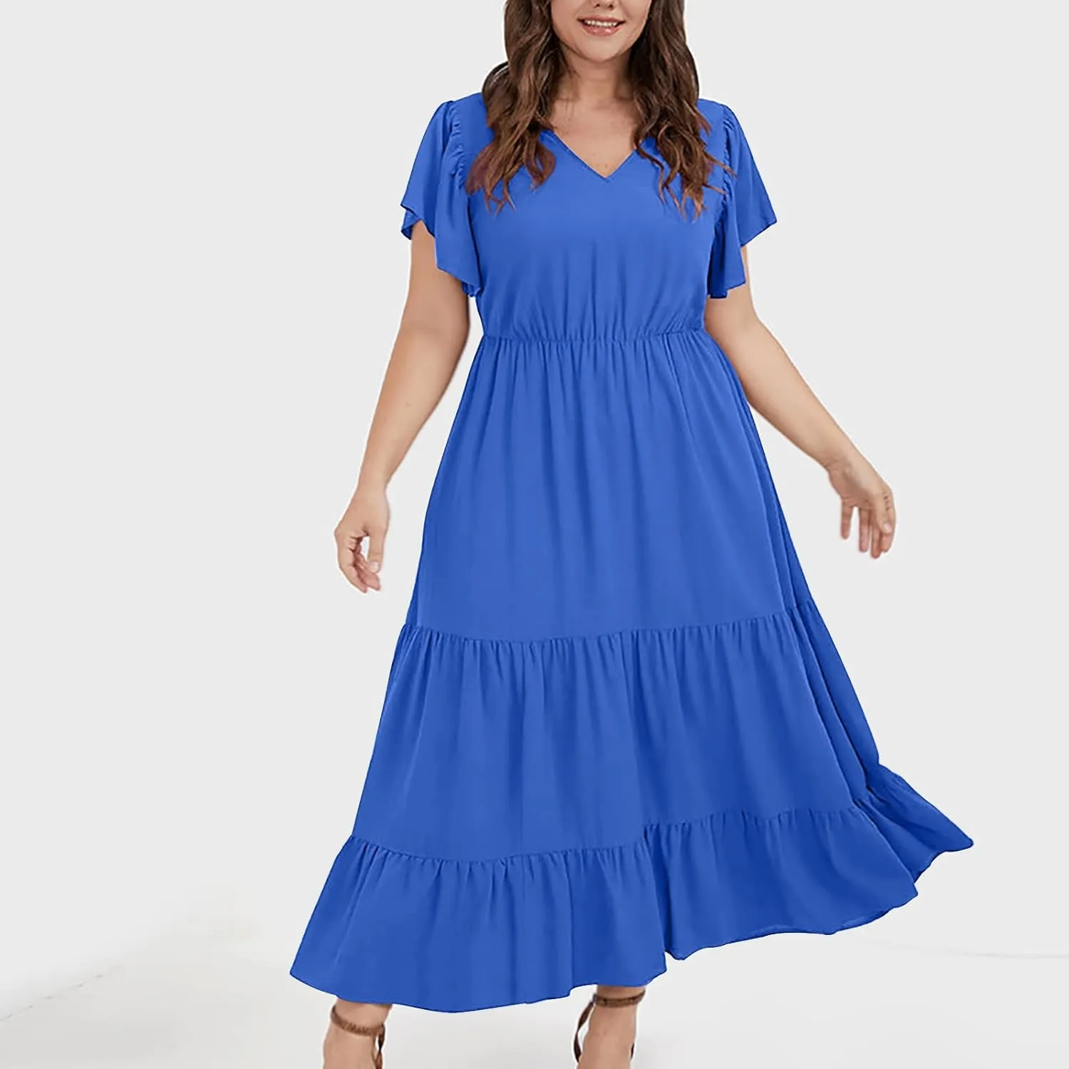 Plus Size Summer Dress for Women, Ruffle Short Sleeve V Neck Swing Dress Flowy Boho Casual A-Line Tiered Midi Dresses