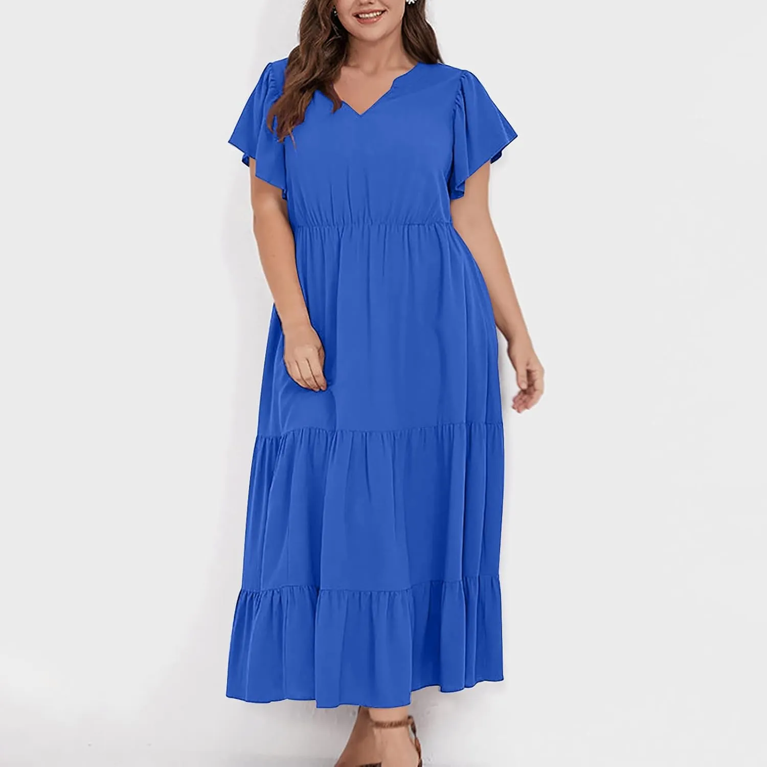 Plus Size Summer Dress for Women, Ruffle Short Sleeve V Neck Swing Dress Flowy Boho Casual A-Line Tiered Midi Dresses