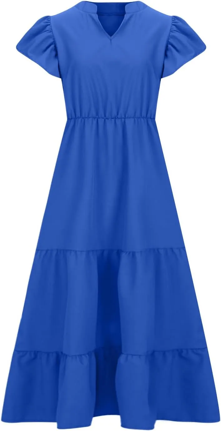 Plus Size Summer Dress for Women, Ruffle Short Sleeve V Neck Swing Dress Flowy Boho Casual A-Line Tiered Midi Dresses