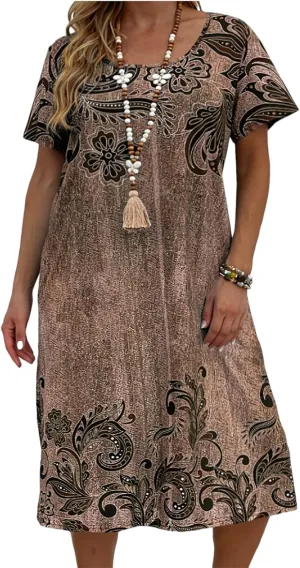 Plus Size Summer for Women Casual Short Sleeve Midi Dress Square Neck Loose Flowy Boho Floral Smocked Dresses