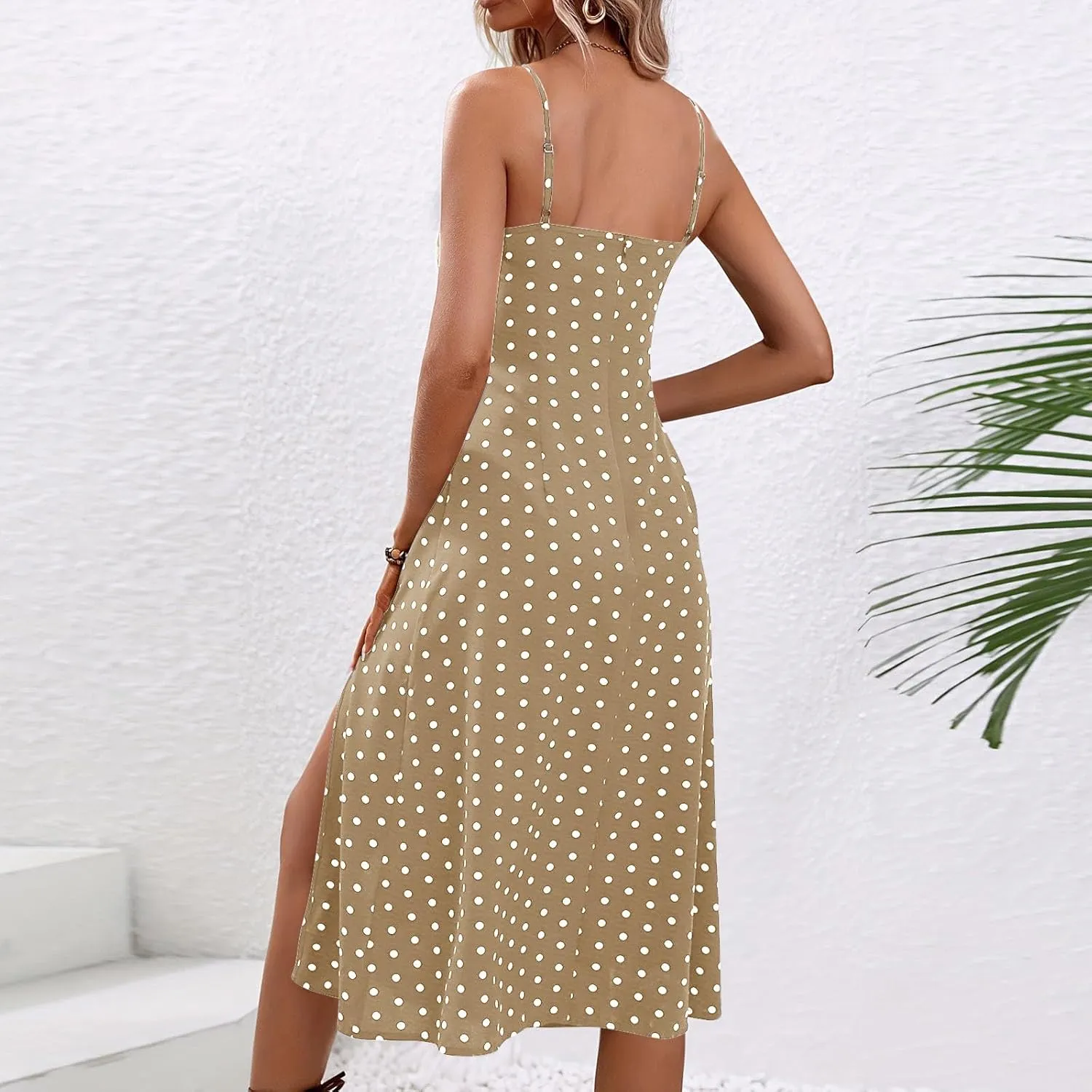 Polka Dot Dresses for Women Spaghetti Strap Sundress Summer Slim Fit Side Slit Midi Dress Sexy A Line Beach Sundress