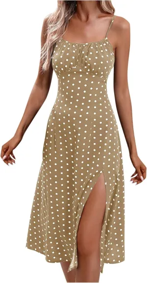 Polka Dot Dresses for Women Spaghetti Strap Sundress Summer Slim Fit Side Slit Midi Dress Sexy A Line Beach Sundress