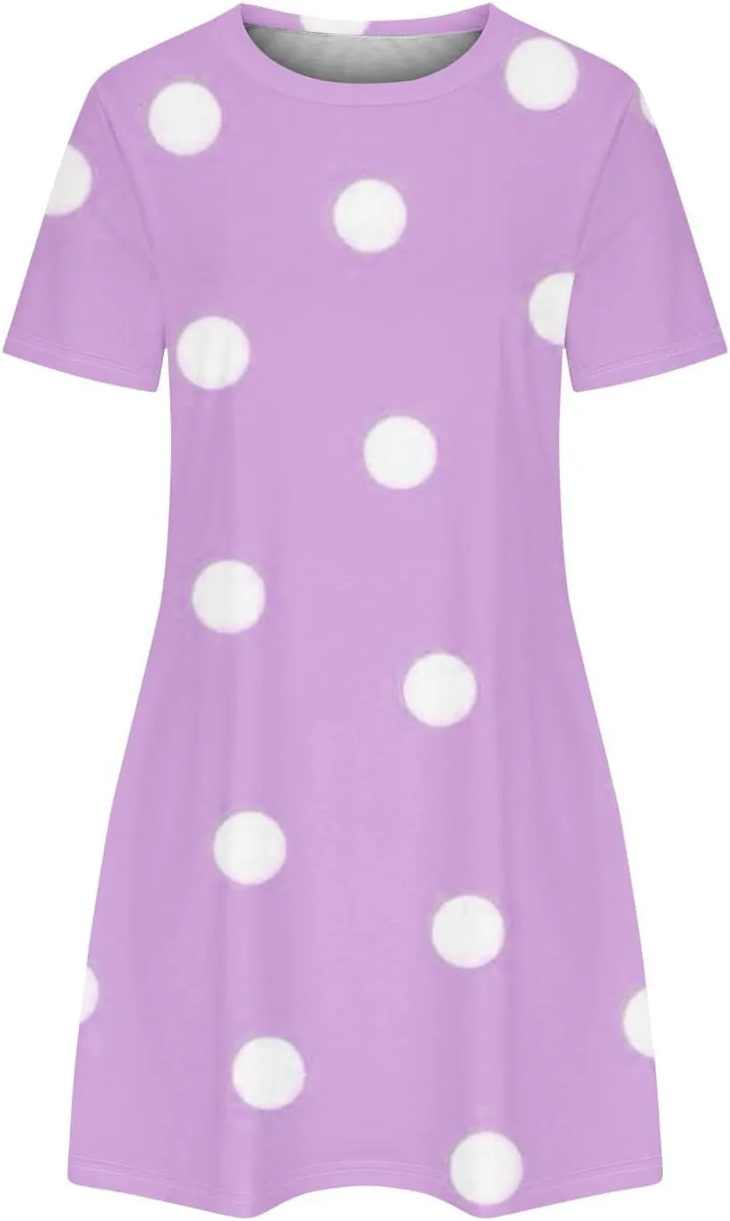 Polka Dot Dresses for Women Summer Trendy Casual Loose Short Sleeve Mini Dress Cute Round Neck Vacation Dress