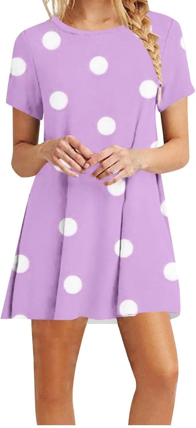 Polka Dot Dresses for Women Summer Trendy Casual Loose Short Sleeve Mini Dress Cute Round Neck Vacation Dress
