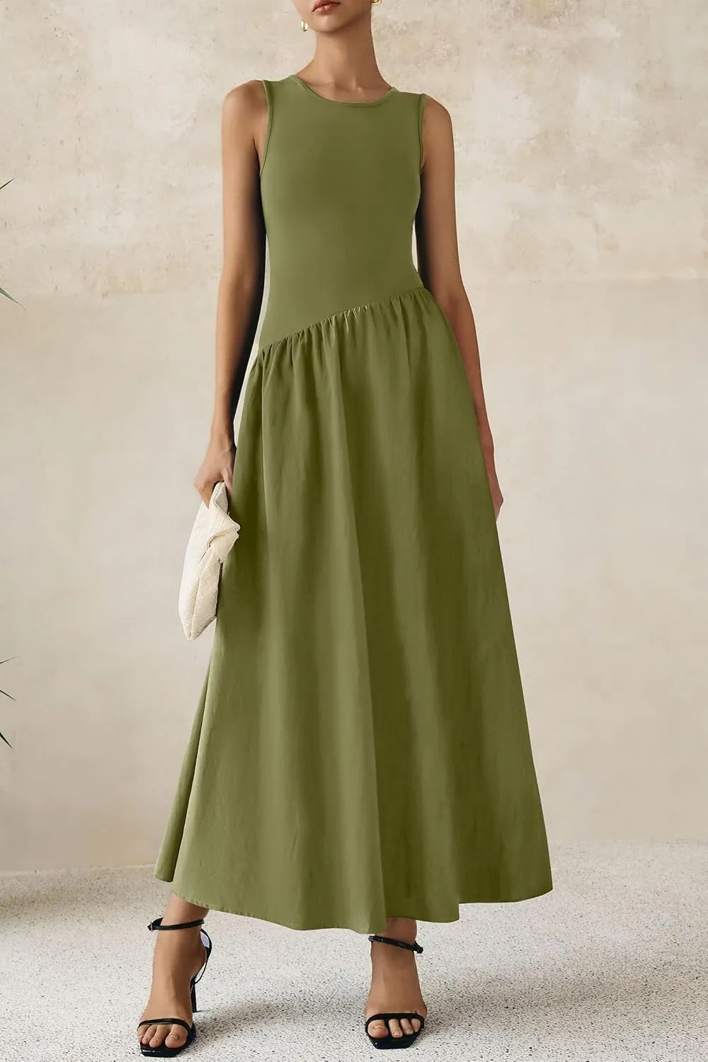 PRETTYGARDEN Women's Maxi Sundress Casual Summer 2025 Sleeveless Asymmetrical Drop Waist Patchwork Long Flowy Tank Dresses