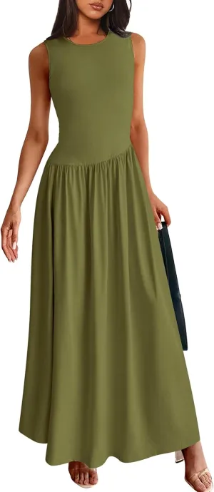 PRETTYGARDEN Women's Maxi Sundress Casual Summer 2025 Sleeveless Asymmetrical Drop Waist Patchwork Long Flowy Tank Dresses