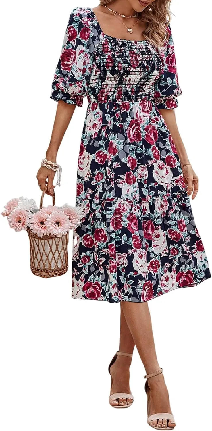 PRETTYGARDEN Women's Summer Casual Dresses 2025 Spring Puff Sleeve Square Neck A-line Flowy Boho Floral Smocked Midi Dress