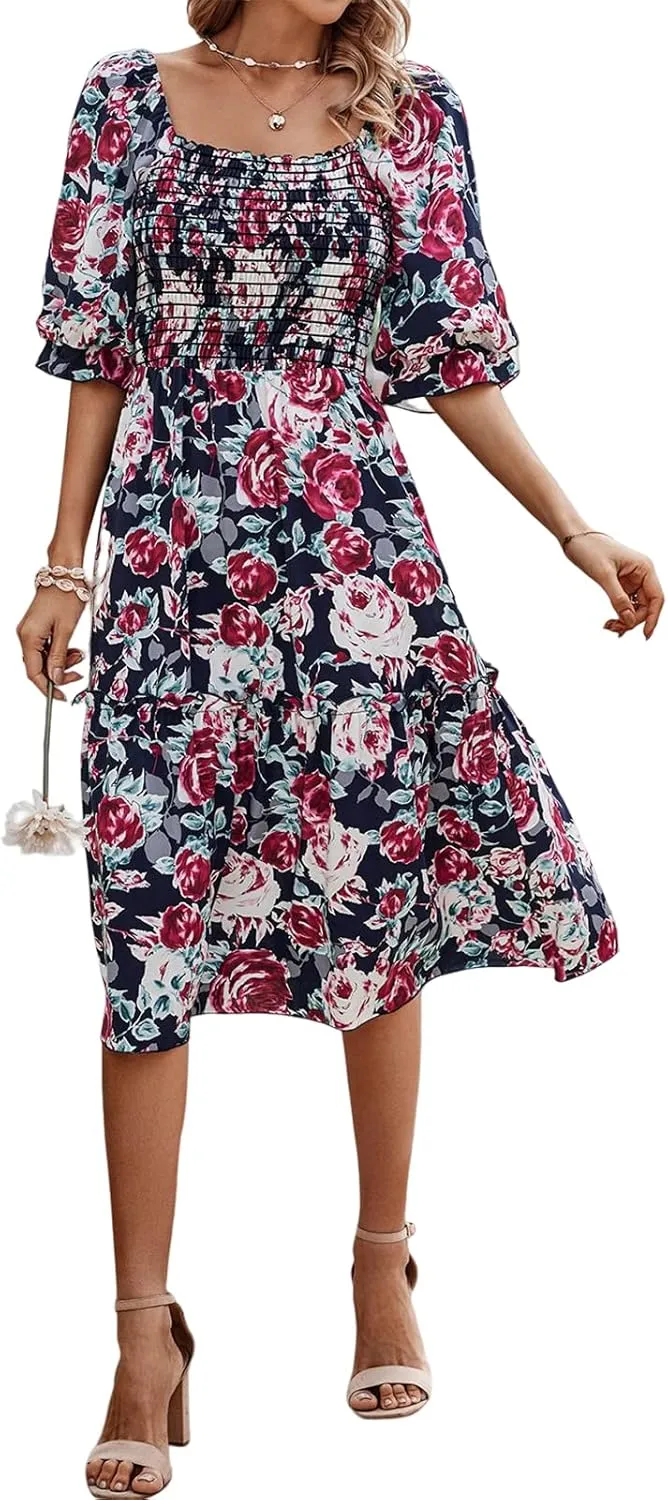 PRETTYGARDEN Women's Summer Casual Dresses 2025 Spring Puff Sleeve Square Neck A-line Flowy Boho Floral Smocked Midi Dress