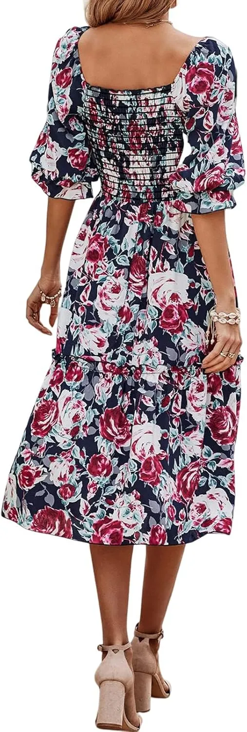 PRETTYGARDEN Women's Summer Casual Dresses 2025 Spring Puff Sleeve Square Neck A-line Flowy Boho Floral Smocked Midi Dress