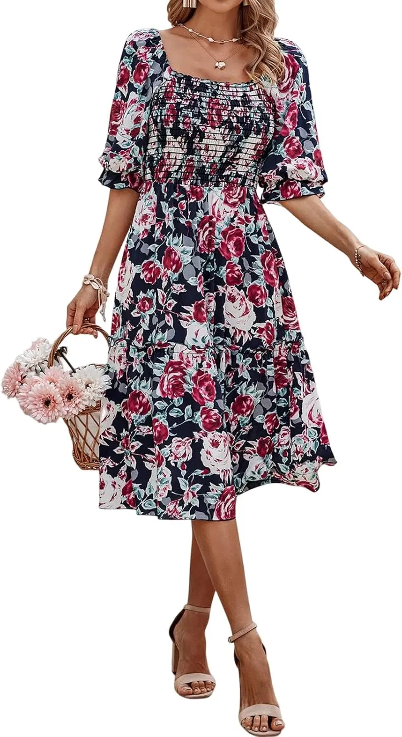 PRETTYGARDEN Women's Summer Casual Dresses 2025 Spring Puff Sleeve Square Neck A-line Flowy Boho Floral Smocked Midi Dress
