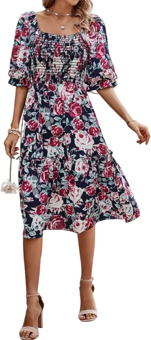 PRETTYGARDEN Women's Summer Casual Dresses 2025 Spring Puff Sleeve Square Neck A-line Flowy Boho Floral Smocked Midi Dress