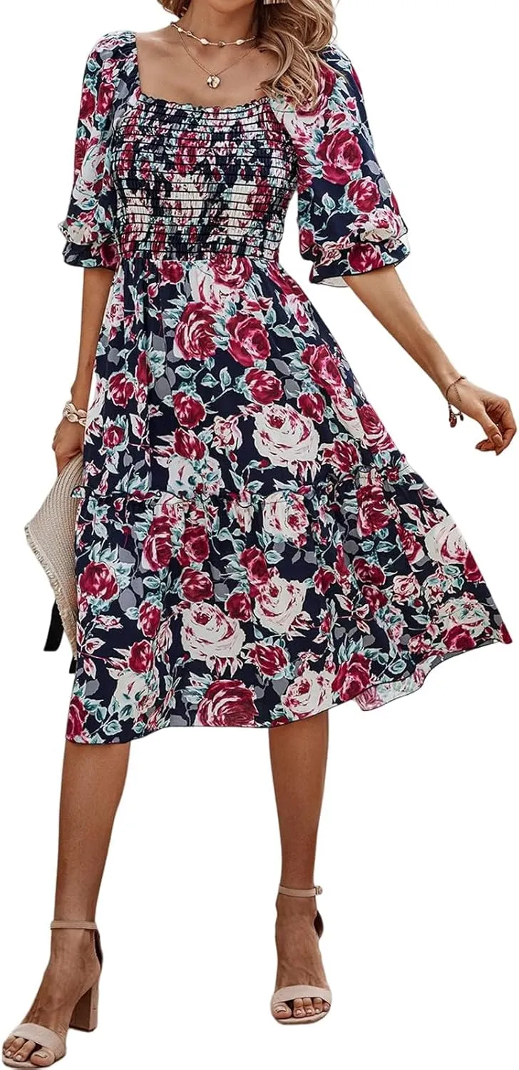 PRETTYGARDEN Women's Summer Casual Dresses 2025 Spring Puff Sleeve Square Neck A-line Flowy Boho Floral Smocked Midi Dress