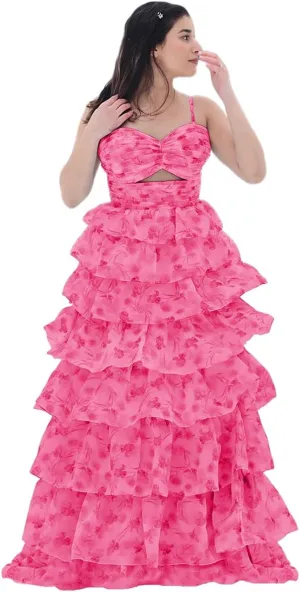 Prom Dresses Tiered Ruffles Floral Print Spaghetti Straps A Line Evening Party Dress Chiffon Party Gowns