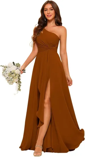 Raseal Chiffon One Shoulder Bridesmaid Dress with Pleated Bodice Long A Line Prom Dress for Women RS028