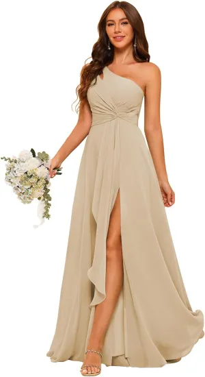 Raseal Chiffon One Shoulder Bridesmaid Dress with Pleated Bodice Long A Line Prom Dress for Women RS028