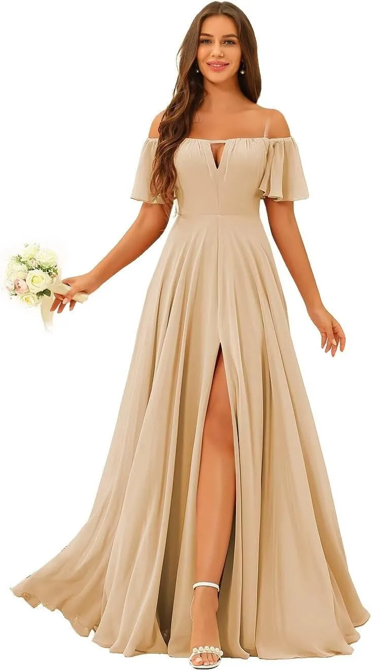 Raseal Off The Shoulder Chiffon Bridesmaid Dress Split A Line Pleats Bridesmaid Dress Long for Women with Pockets RS047