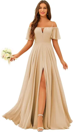 Raseal Off The Shoulder Chiffon Bridesmaid Dress Split A Line Pleats Bridesmaid Dress Long for Women with Pockets RS047