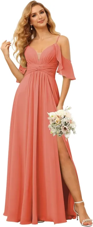 Raseal Off The Shoulder Chiffon Bridesmaid Dress with Slit A Line Empire Waist Pleats Bridesmaid Dress Long for Women RS036