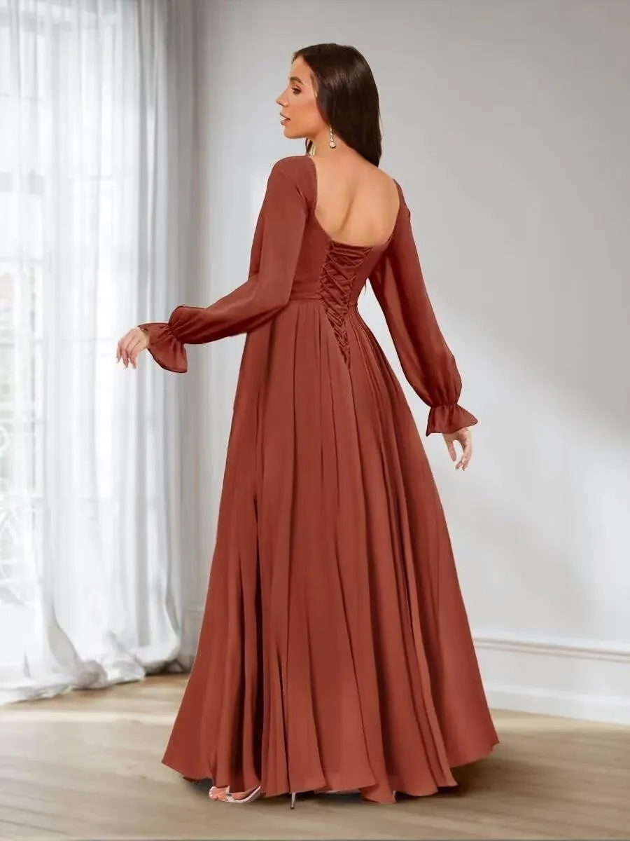 Raseal Women's Long Sleeve Bridesmaid Dress V Neck Pleats Chiffon Formal Prom Evening Dress Long for Wedding RS099