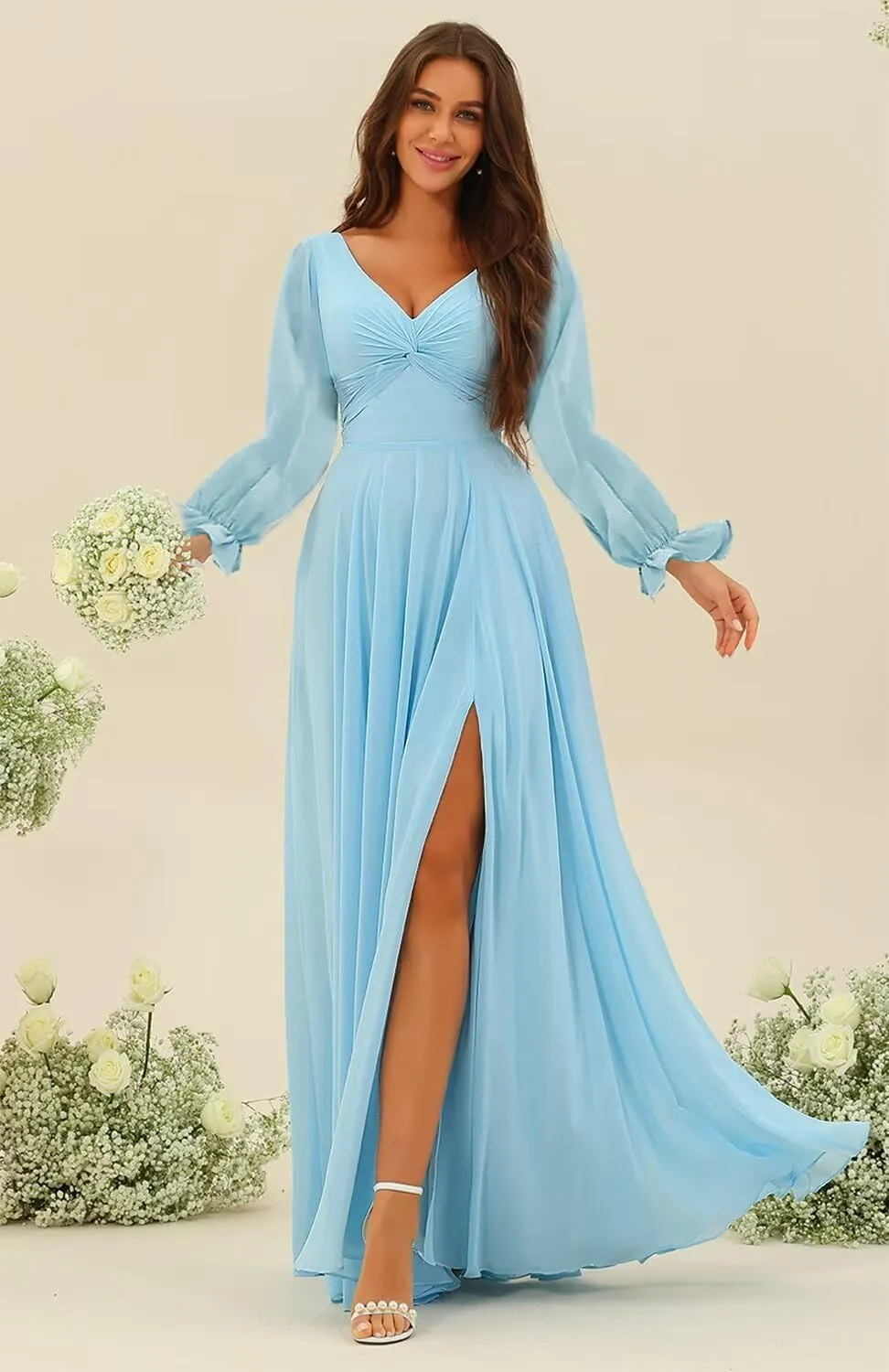 Raseal Women's Long Sleeve Bridesmaid Dress V Neck Pleats Chiffon Formal Prom Evening Dress Long for Wedding RS099