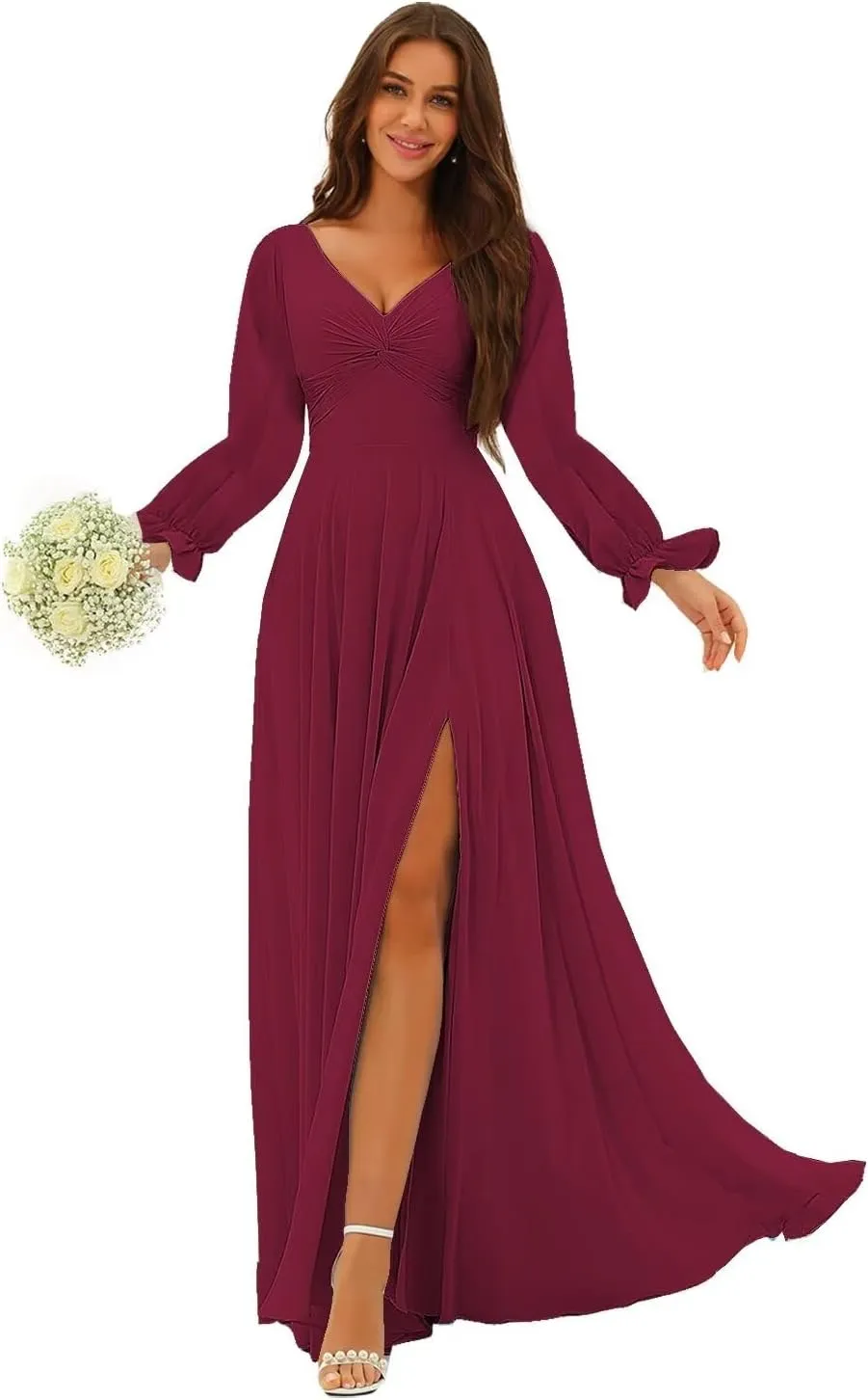 Raseal Women's Long Sleeve Bridesmaid Dress V Neck Pleats Chiffon Formal Prom Evening Dress Long for Wedding RS099
