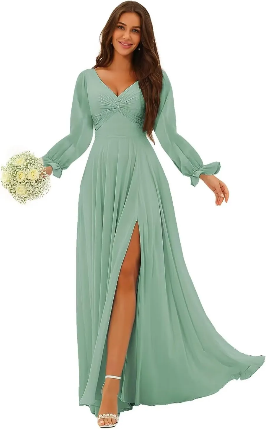 Raseal Women's Long Sleeve Bridesmaid Dress V Neck Pleats Chiffon Formal Prom Evening Dress Long for Wedding RS099