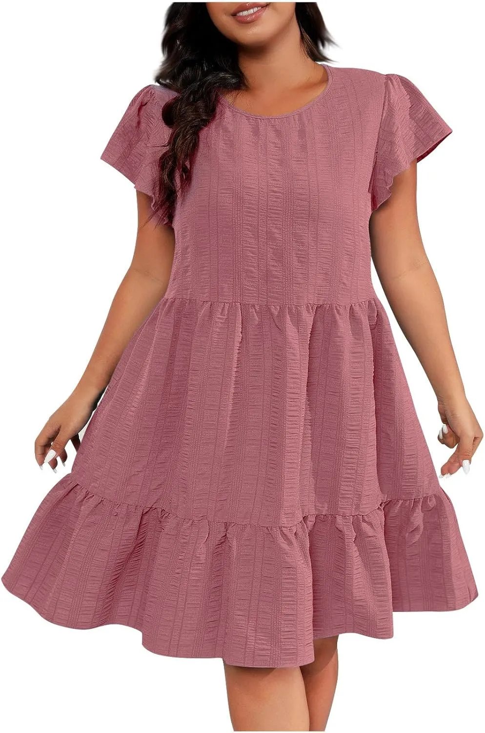 Ruffle Dresses for Women, 2025 Summer Oversized Swing Dress Flowy Casual Flutter Short Sleeve Boho Sundress Plus Size