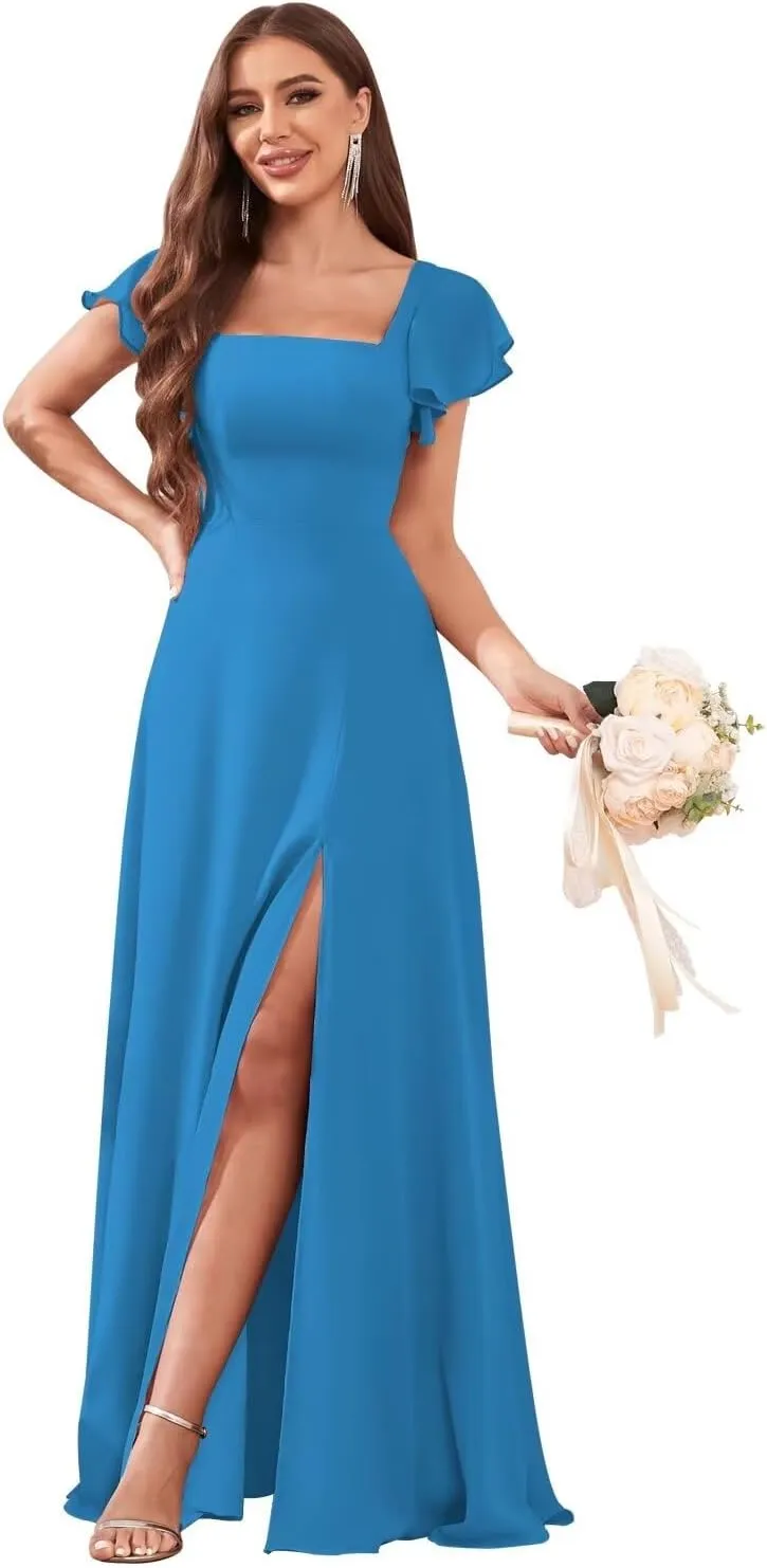 Ruffle Sleeve Chiffon Bridesmaid Dresses for Women Square Neck A-Line Formal Evening Party Dresses with Slit