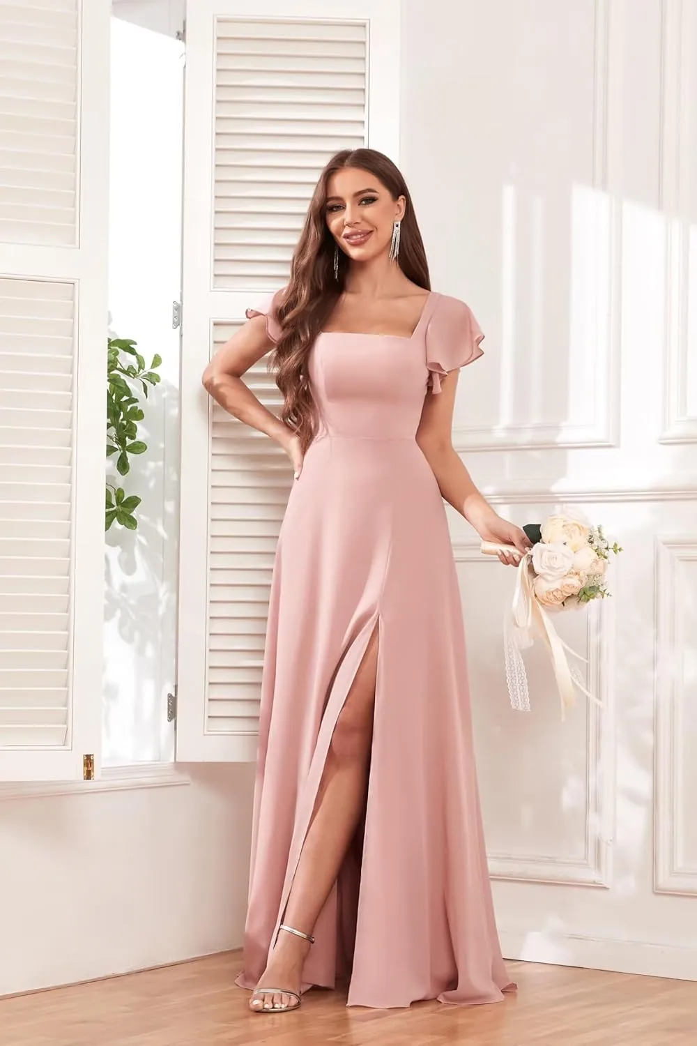 Ruffle Sleeve Chiffon Bridesmaid Dresses for Women Square Neck A-Line Formal Evening Party Dresses with Slit