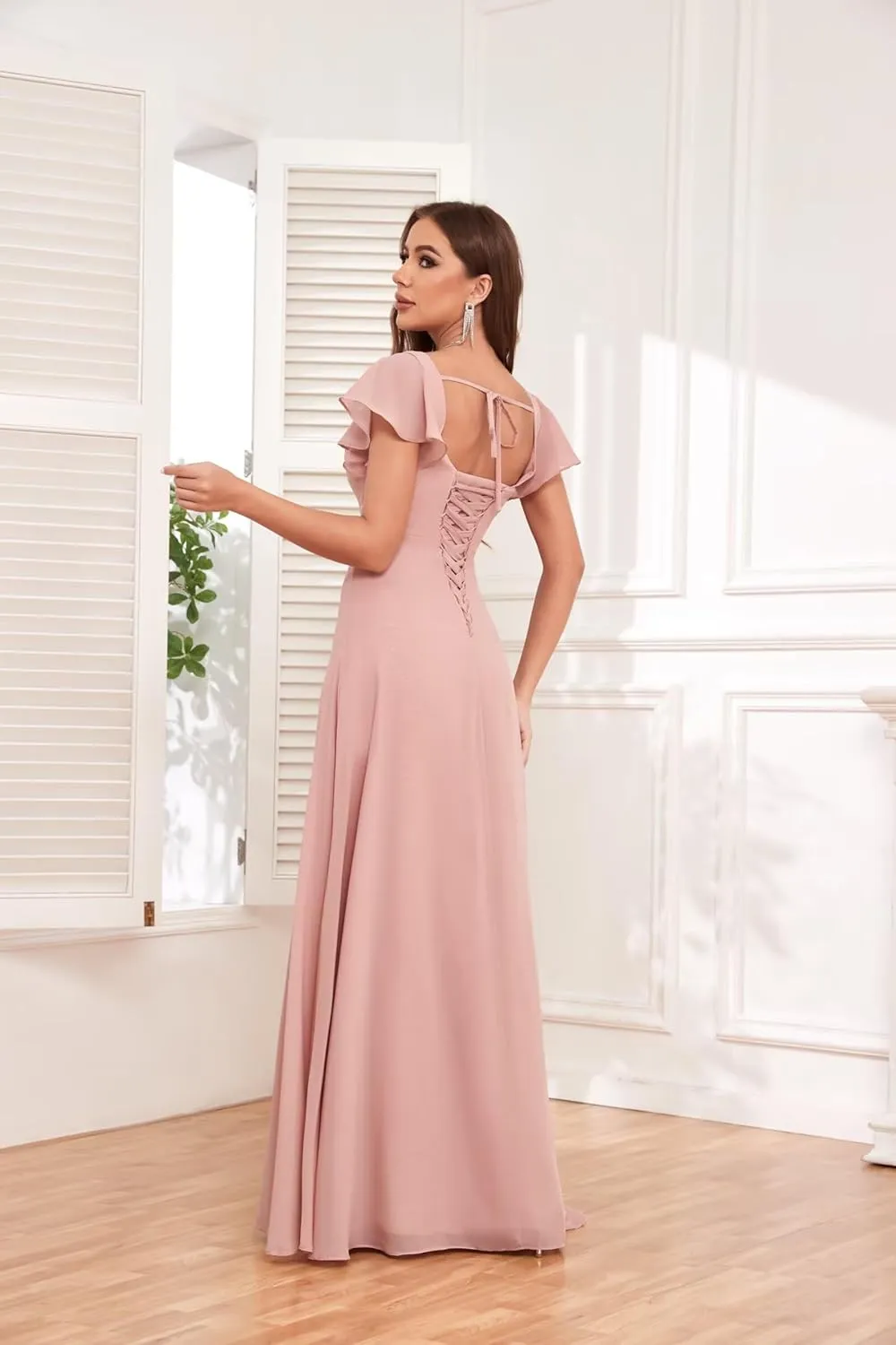 Ruffle Sleeve Chiffon Bridesmaid Dresses for Women Square Neck A-Line Formal Evening Party Dresses with Slit
