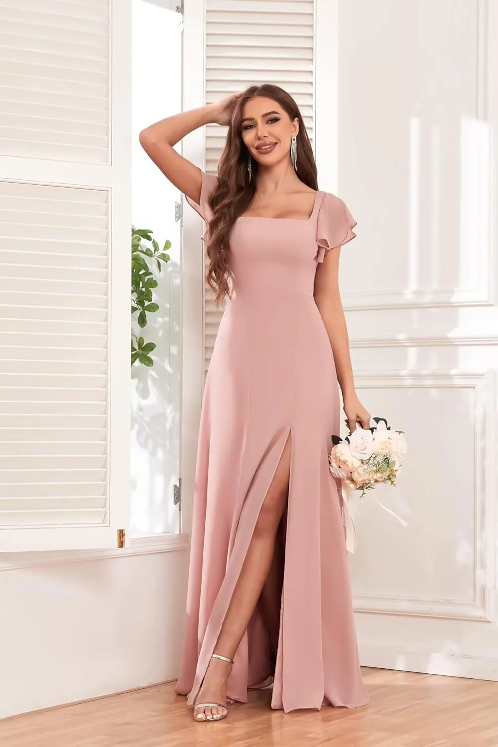 Ruffle Sleeve Chiffon Bridesmaid Dresses for Women Square Neck A-Line Formal Evening Party Dresses with Slit
