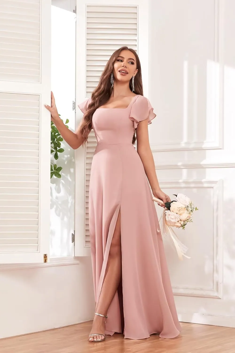 Ruffle Sleeve Chiffon Bridesmaid Dresses for Women Square Neck A-Line Formal Evening Party Dresses with Slit