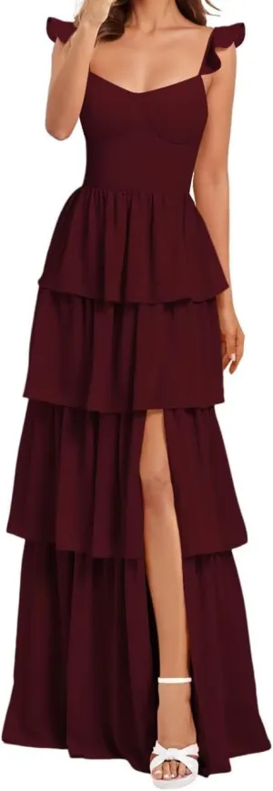 Ruffles Formal Bridesmaid Dresses for Women Chiffon Evening Dresses with Slit