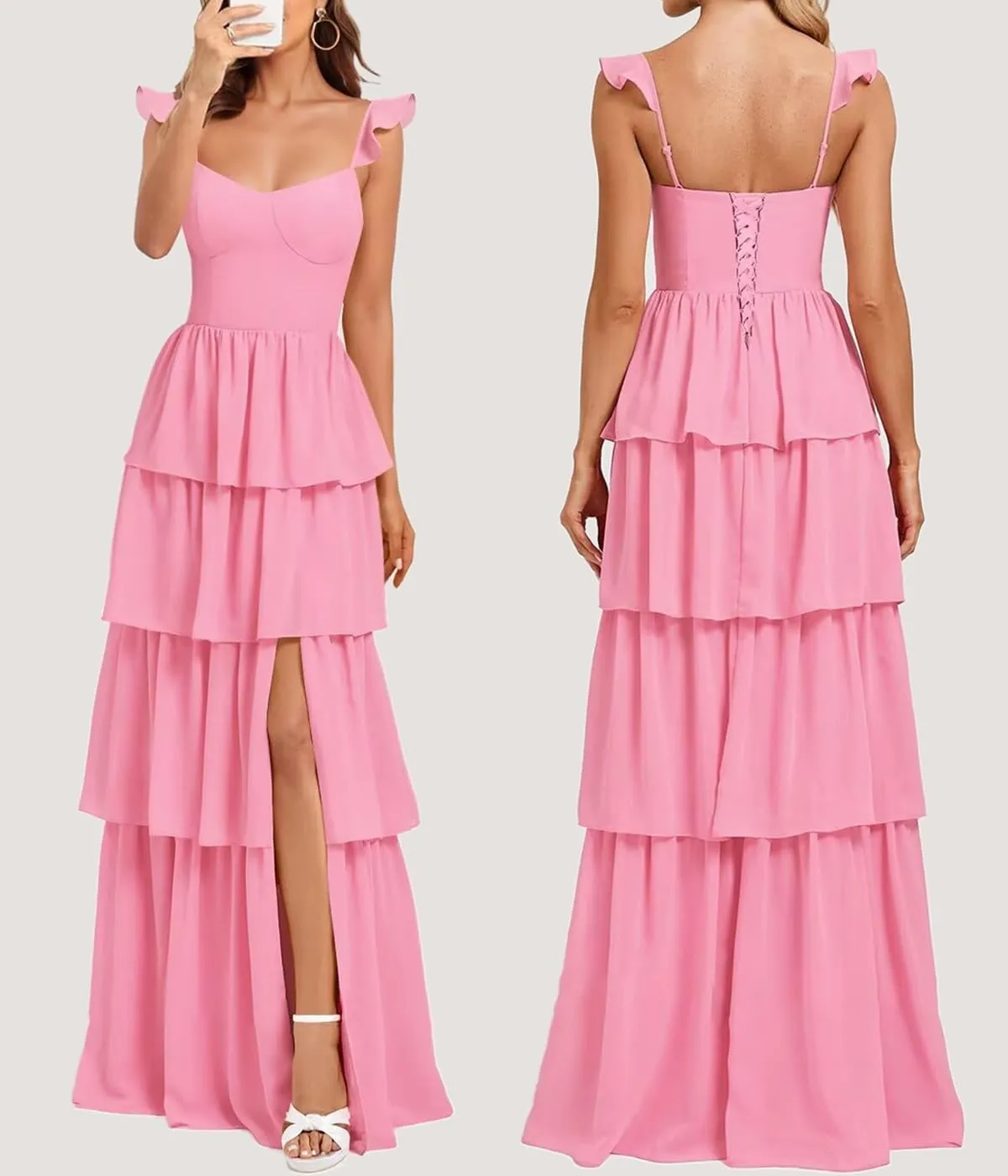 Ruffles Formal Bridesmaid Dresses for Women Chiffon Evening Dresses with Slit