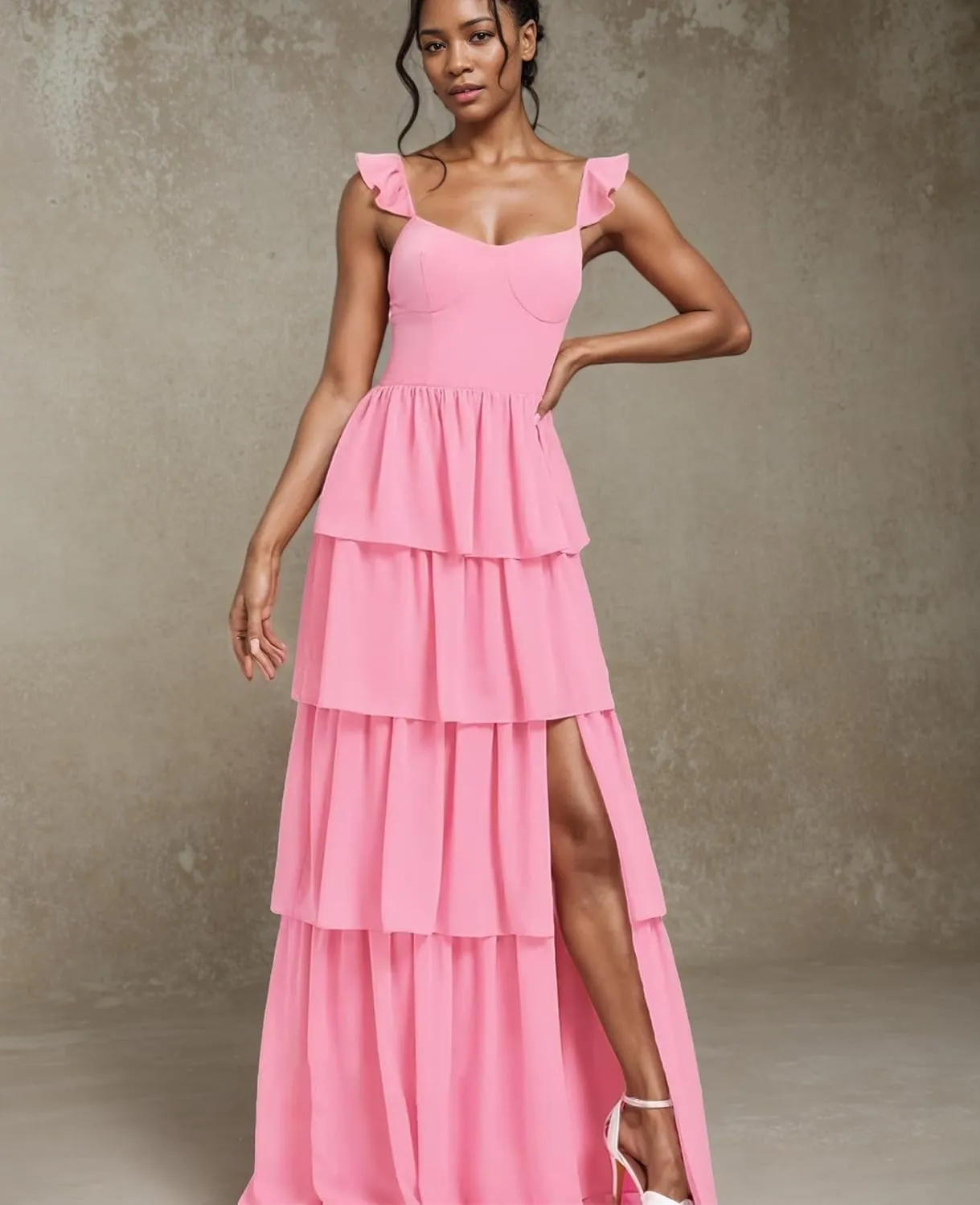 Ruffles Formal Bridesmaid Dresses for Women Chiffon Evening Dresses with Slit