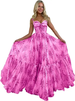 Ruffly Floral Chiffon Prom Dresses 2025 for Teens Sweetheart Corset Straps Formal Evening Party Gown
