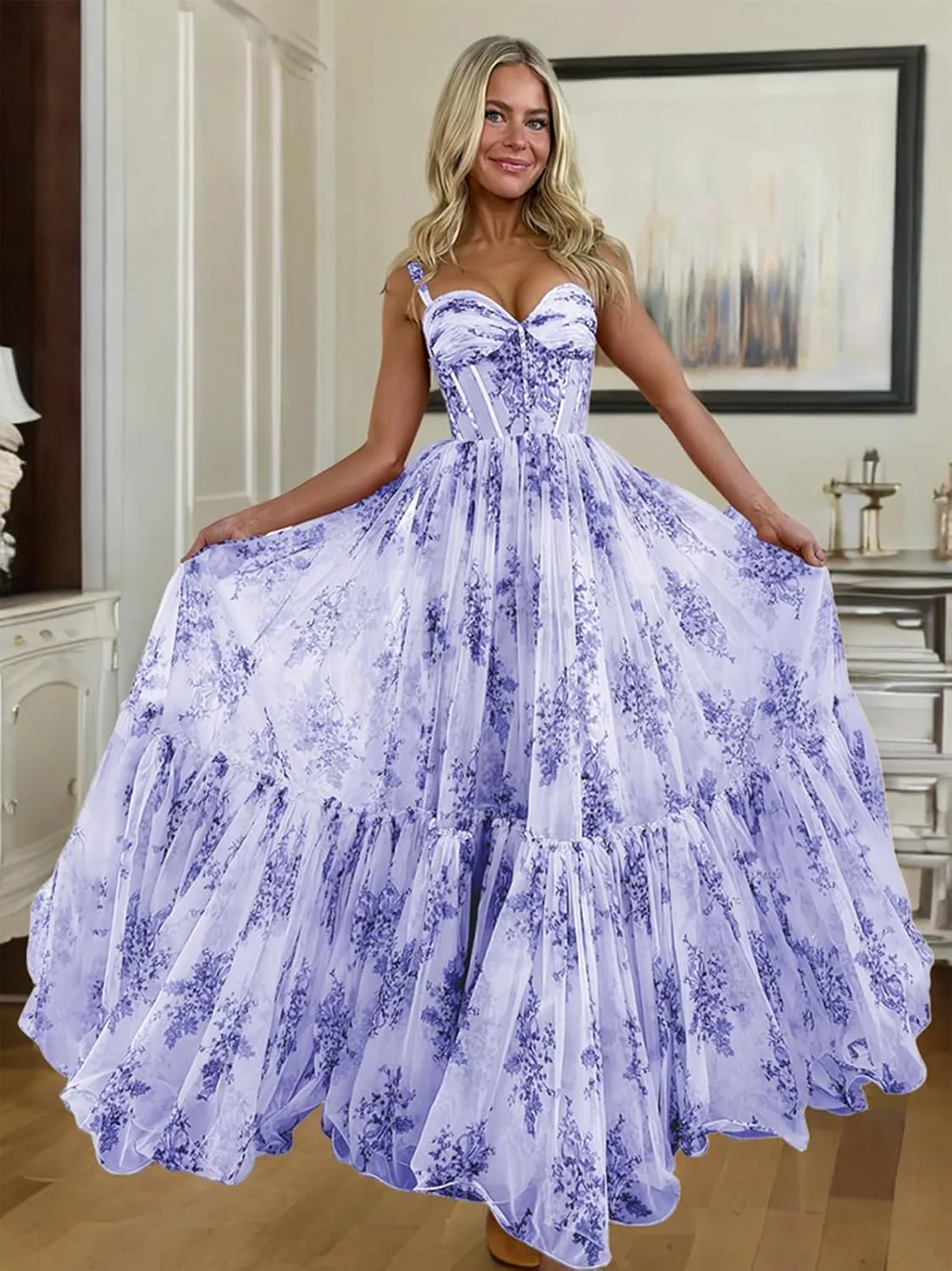 Ruffly Floral Chiffon Prom Dresses 2025 for Teens Sweetheart Corset Straps Formal Evening Party Gown