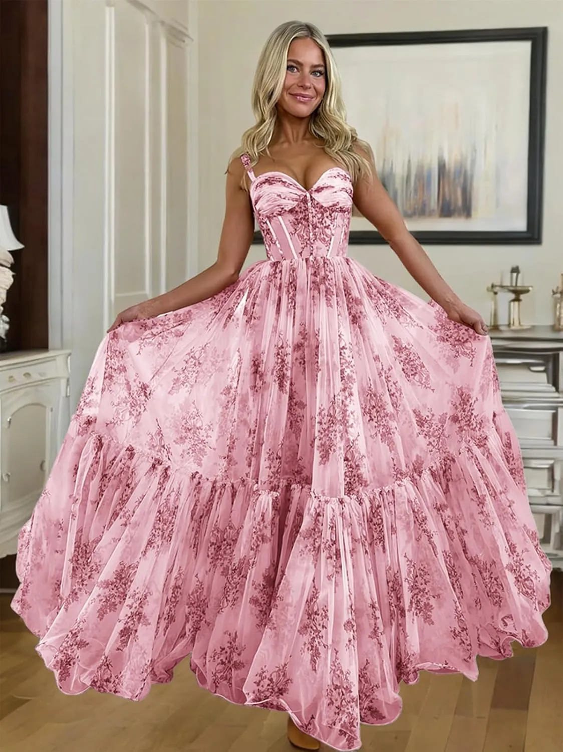 Ruffly Floral Chiffon Prom Dresses 2025 for Teens Sweetheart Corset Straps Formal Evening Party Gown