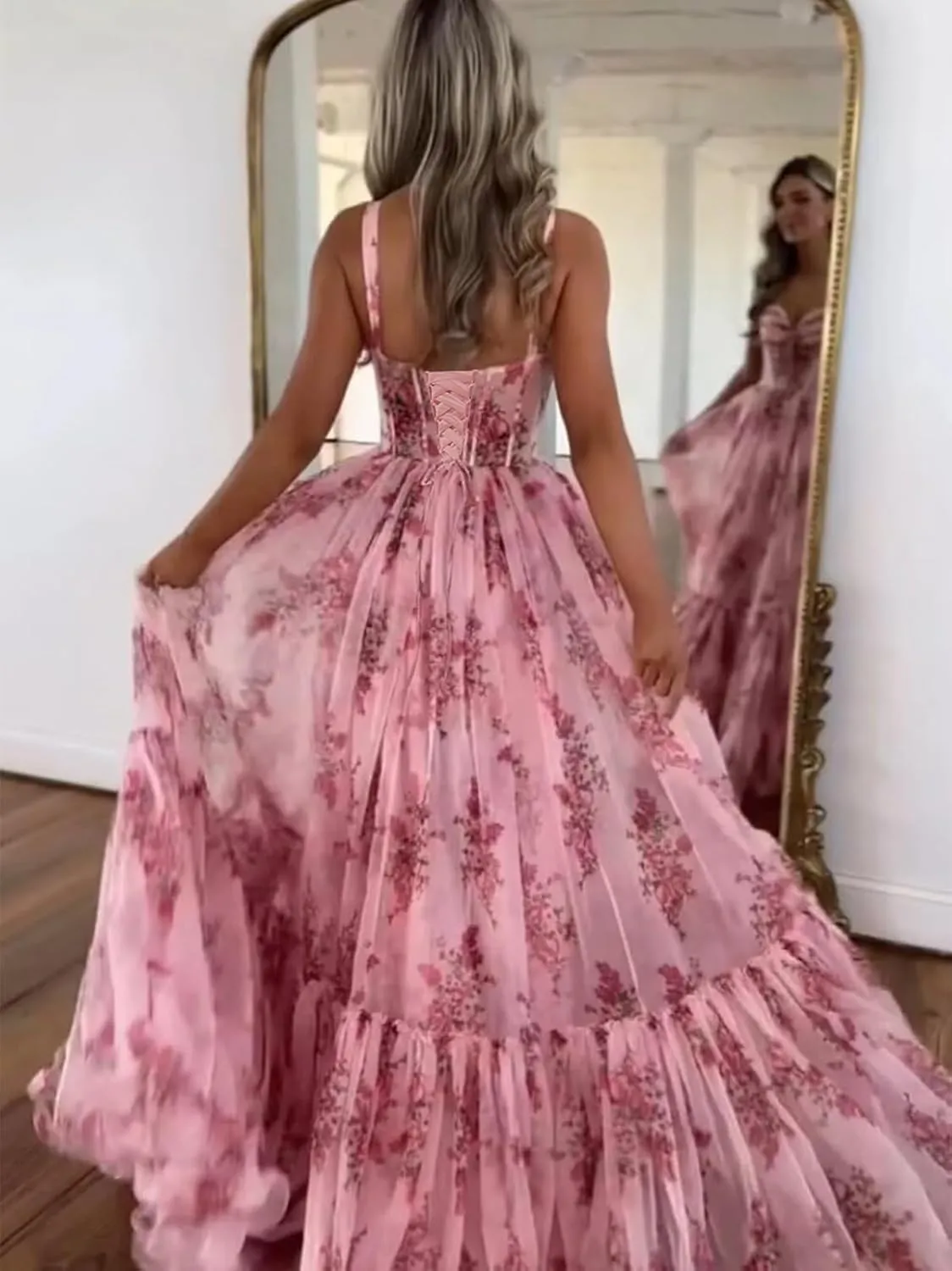 Ruffly Floral Chiffon Prom Dresses 2025 for Teens Sweetheart Corset Straps Formal Evening Party Gown