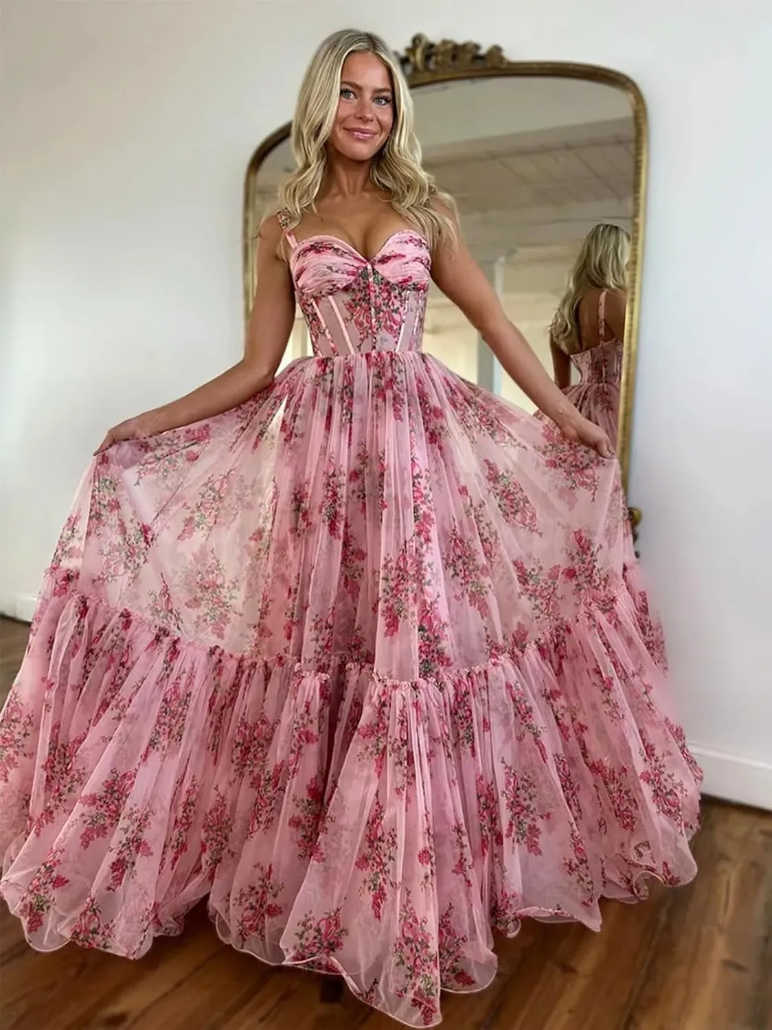 Ruffly Floral Chiffon Prom Dresses 2025 for Teens Sweetheart Corset Straps Formal Evening Party Gown