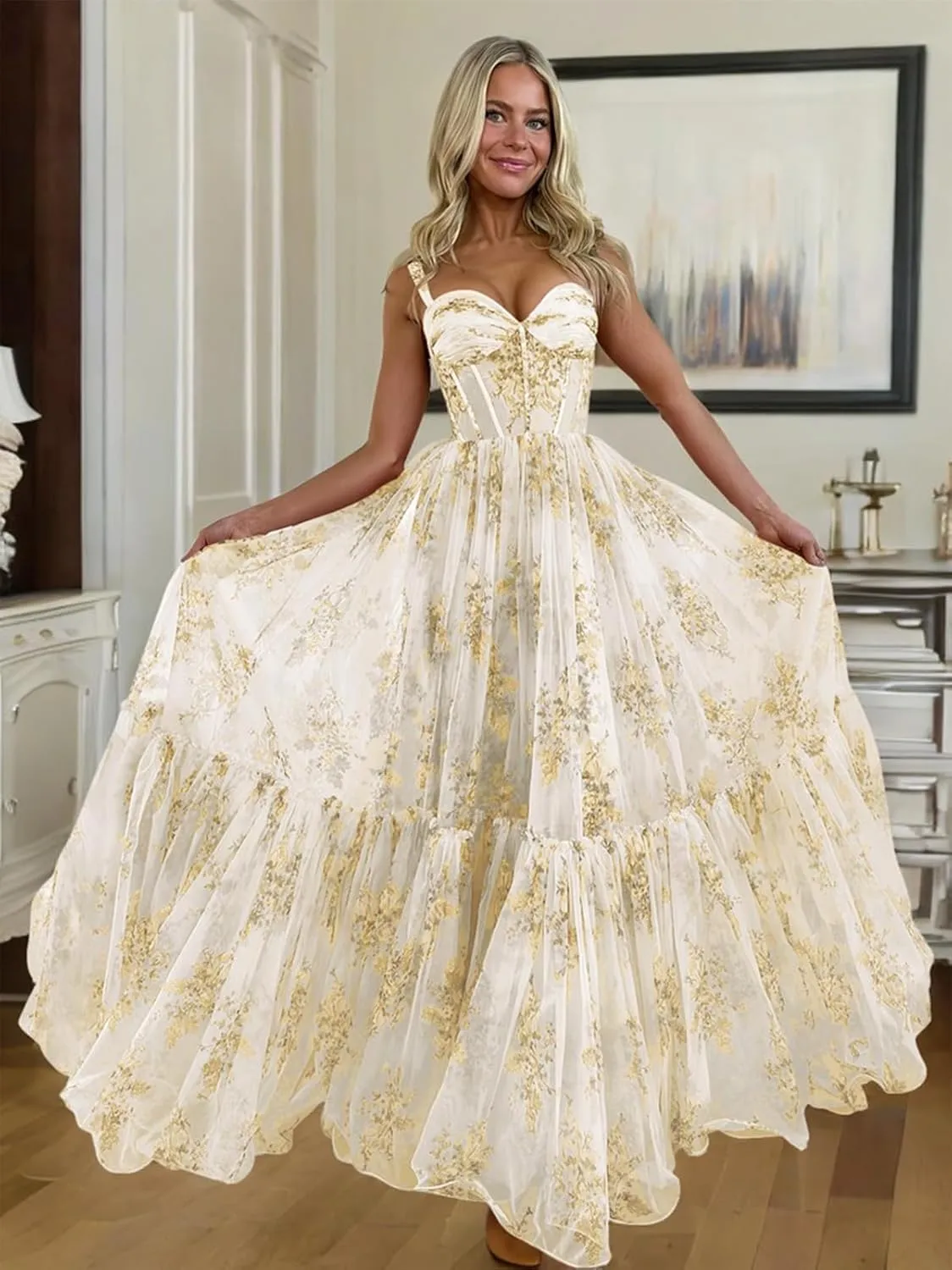 Ruffly Floral Chiffon Prom Dresses 2025 for Teens Sweetheart Corset Straps Formal Evening Party Gown