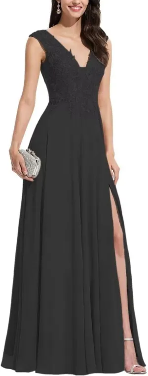 S Marlene V Neck Bridesmaid Dresses for Women Long Lace Appliques Chiffon A Line Formal Prom Dresses Party Evening Gowns Black, 12