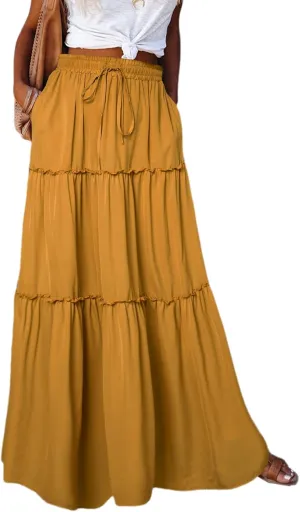 SELINK Womens High Waist A Line Tiered Casual Long Maxi Skirt with Pockets