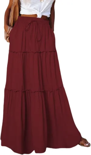 SELINK Womens High Waist A Line Tiered Casual Long Maxi Skirt with Pockets