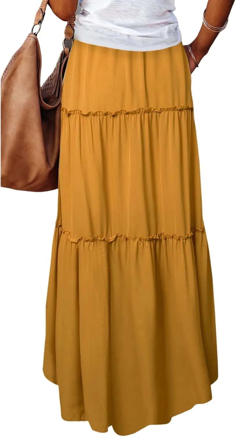 SELINK Womens High Waist A Line Tiered Casual Long Maxi Skirt with Pockets