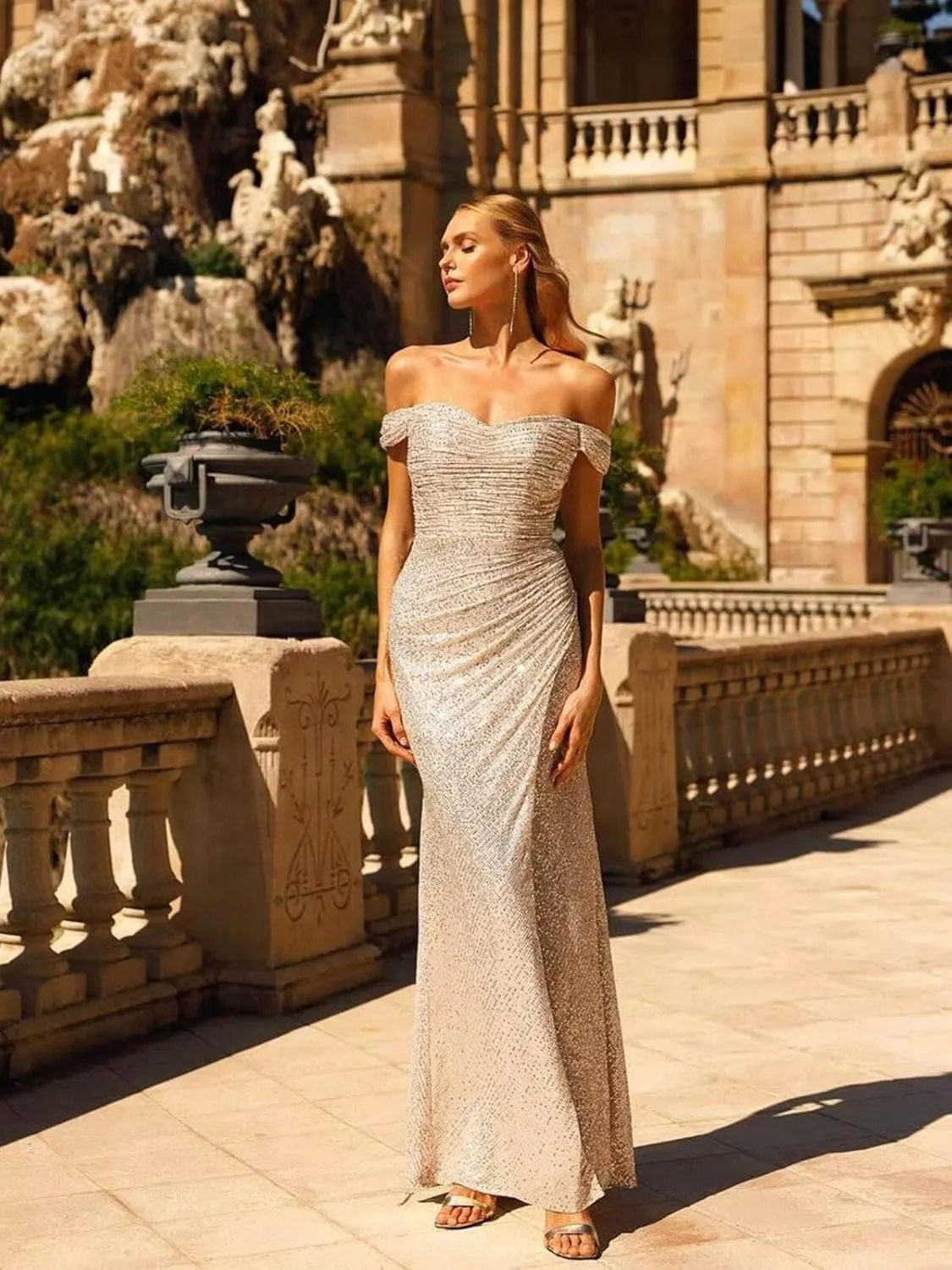 Sequin Prom Dresses for Women Off Shoulder V-Neck Long Ball Gown with Slit Formal Evening Party