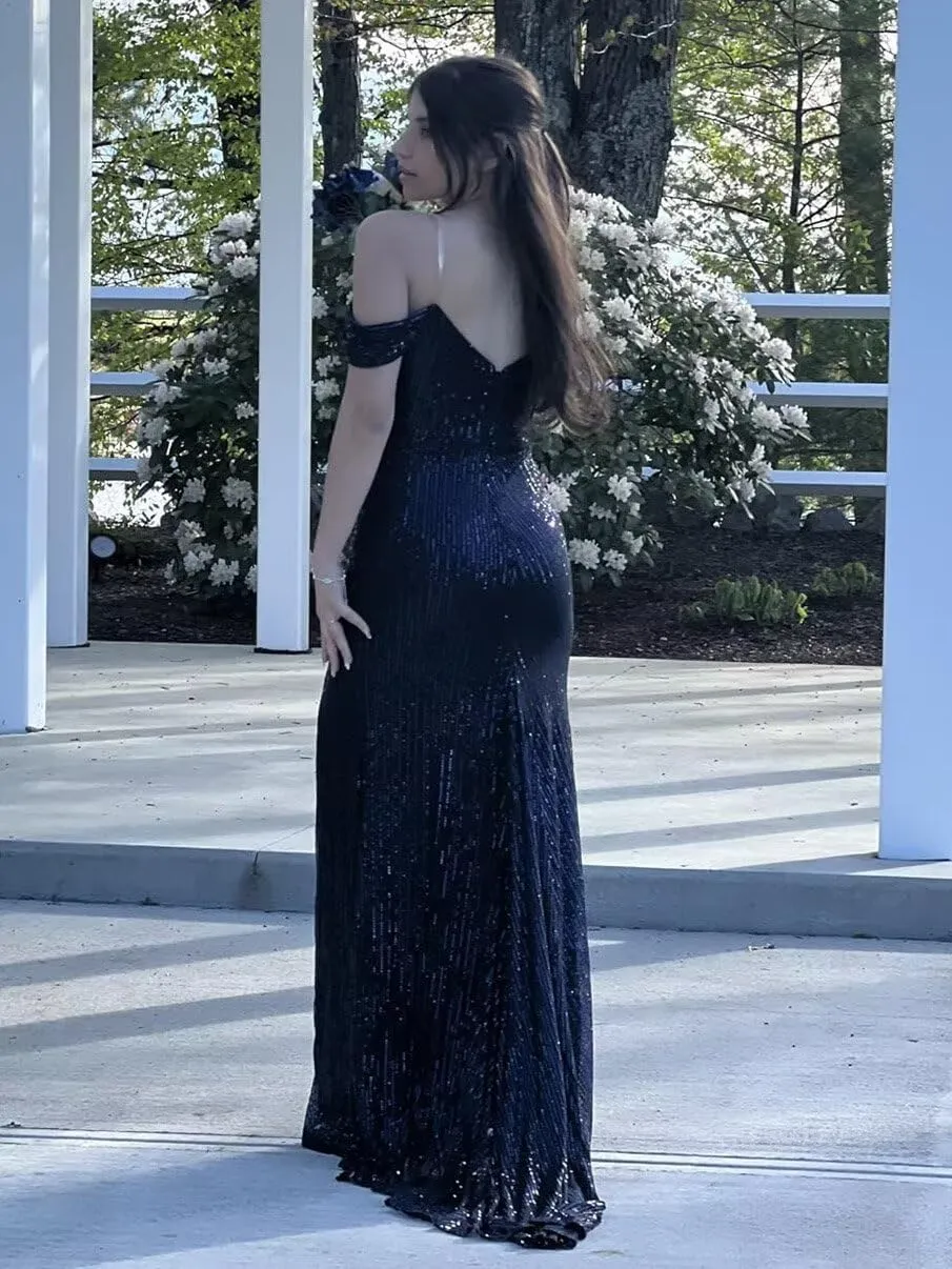 Sequin Prom Dresses for Women Off Shoulder V-Neck Long Ball Gown with Slit Formal Evening Party