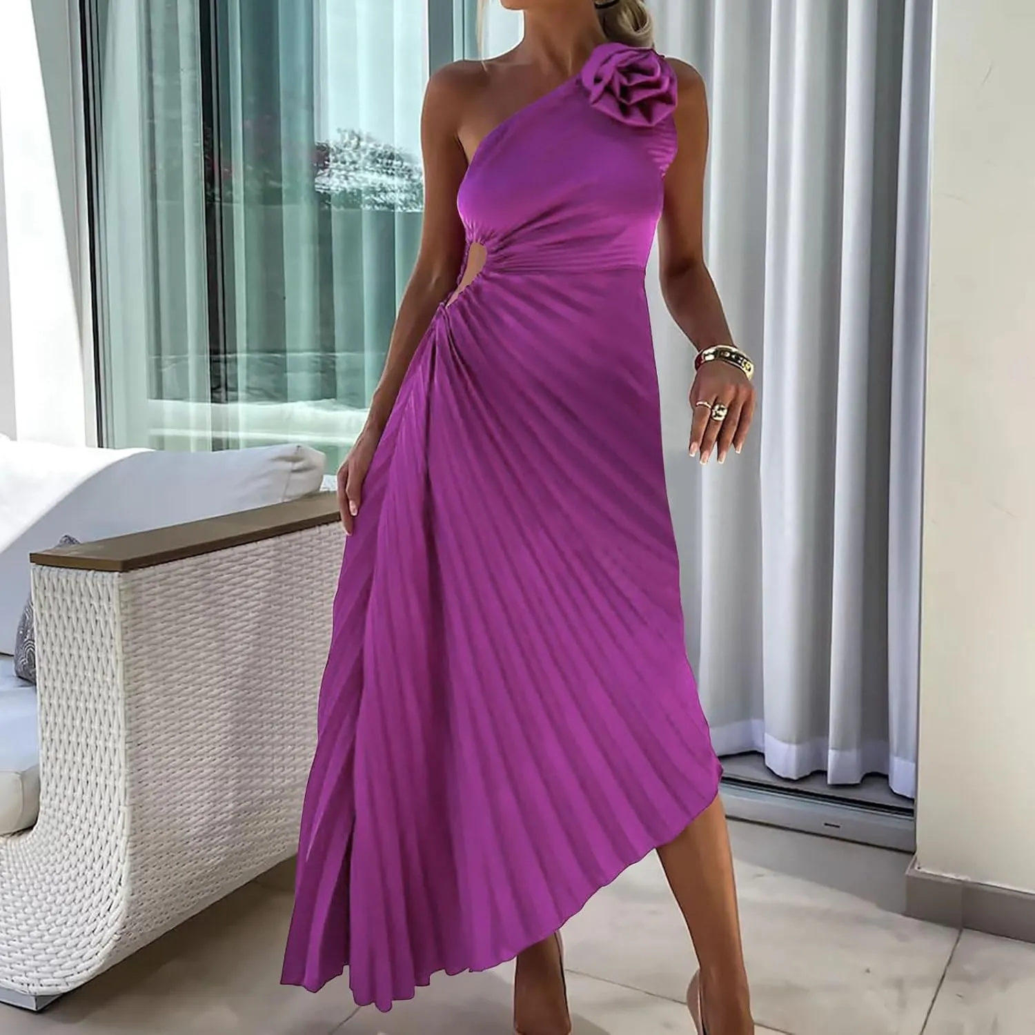 Sexy Dresses for Women Floral Print one Shoulder Dress Ruffle Irregular Swing Hem Long Dress Cocktail Party Dresses