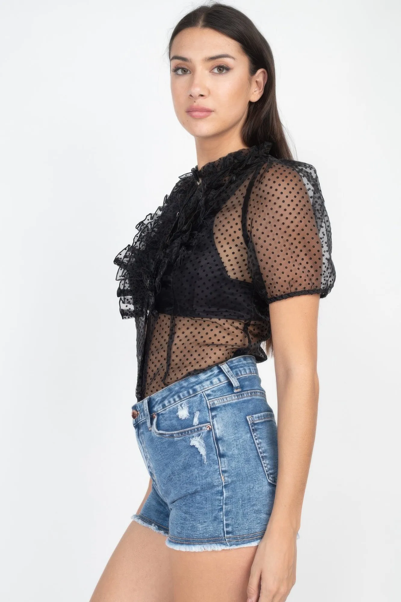 Sheer Ruffle-trim Dot Top